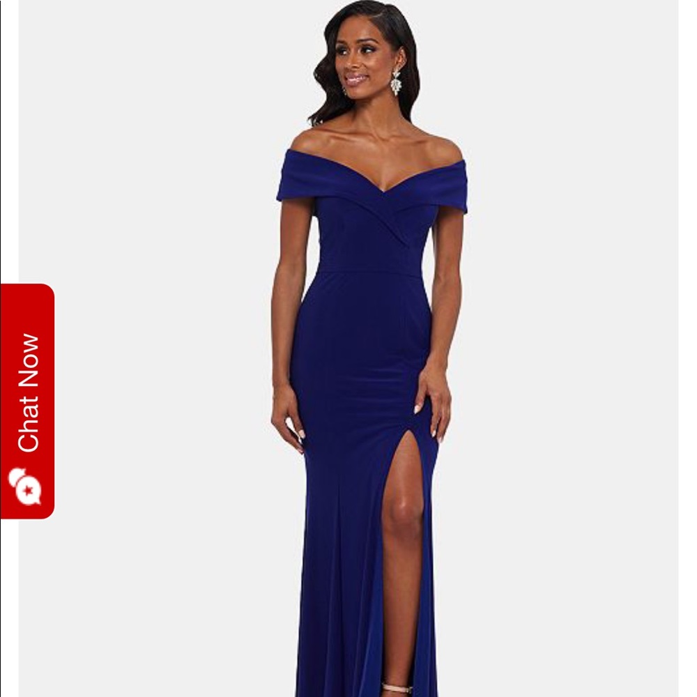 Xscape Electric blue off shoulder slit gown/ prom